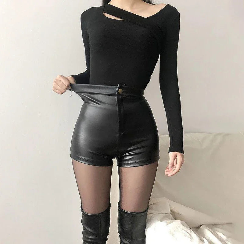 LIZAKOSHT  -  Sexy Black PU Fashion Casual Summer Shorts Women Clothing Faux Leather Goth High Waisted Female Shorts Y2k Hot Short Pants