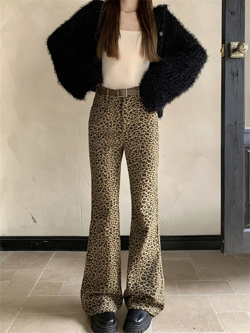 LIZAKOSHT  -  Hot Girls Women Flare Trousers Chic Spring Animal Printed 2023 New Vintage Office Lady Slim Leopard High Street