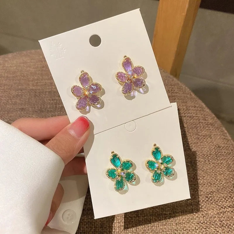 LIZAKOSHT Purple Green Clear Crystal Flower Earrings 2023 Gold Color Metal Flowers Petal Big Drop Dangle Earrings for Women Gifts