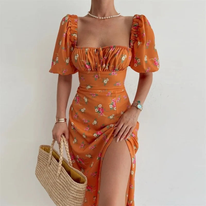 LIZAKOSHT  -  Summer New Sexy Holiday Dress Women Fashion Print Square Neck Midi Skirt Puff Sleeve French Floral Split Dress Female