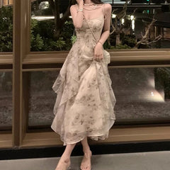 LIZAKOSHT  -  Elegant Holiday Dresses for Women Long Floral Chiffon Midi Dress Sleeveless Vintage Dress Fairy Slim Party Casual