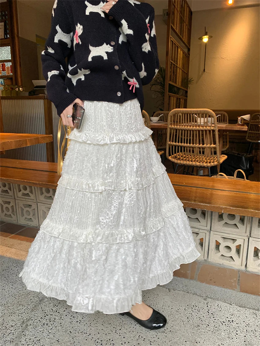 LIZAKOSHT  -  White Cake Long Skirts Sweet Women Patchwork Ruffles Chic 2024 Loose New Spring Casual Sweaters Mujer Office Lady