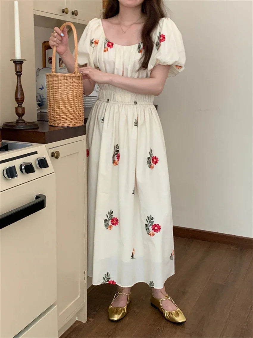 LIZAKOSHT  -  Beige Women Long Dress Florals Embroidery Fashion Summer Holiday Puff Sleeve Princess Sweet Chic Elegant Daily