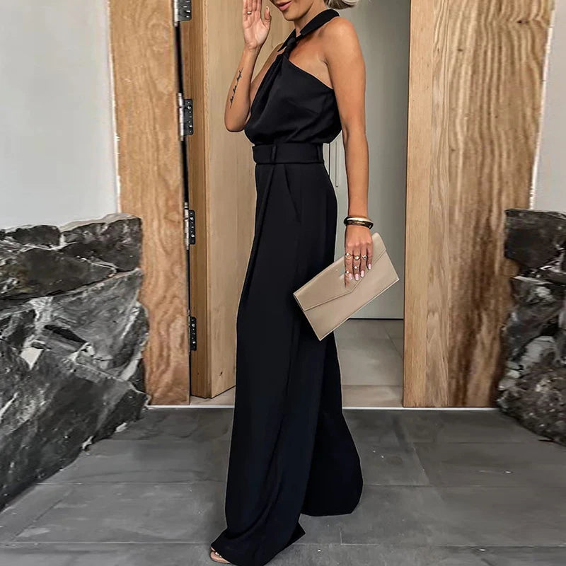 LIZAKOSHT  -  Lady Sexy Hollow Off Shoulder Club Party Jumpsuit Casual High Waist Long Pants Playsuits Elegant Solid Pleated Commuter Romper