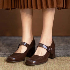 LIZAKOSHT High heels, chocolate colored single shoes, thick heels, college style, new comfortable retro Mary Jane shoes for wo