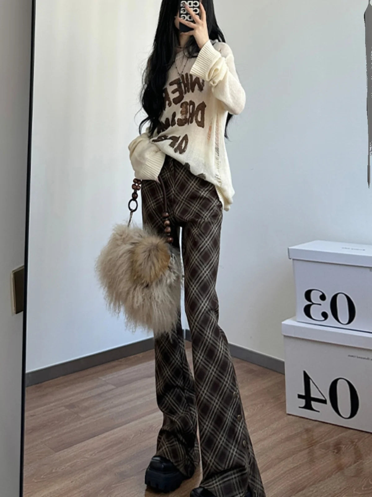 LIZAKOSHT  -  American Retro Fashion Diamond Pattern Printed Micro Flared Casual Pants, Spring and Autumn New Spicy Girl Versatile Pants