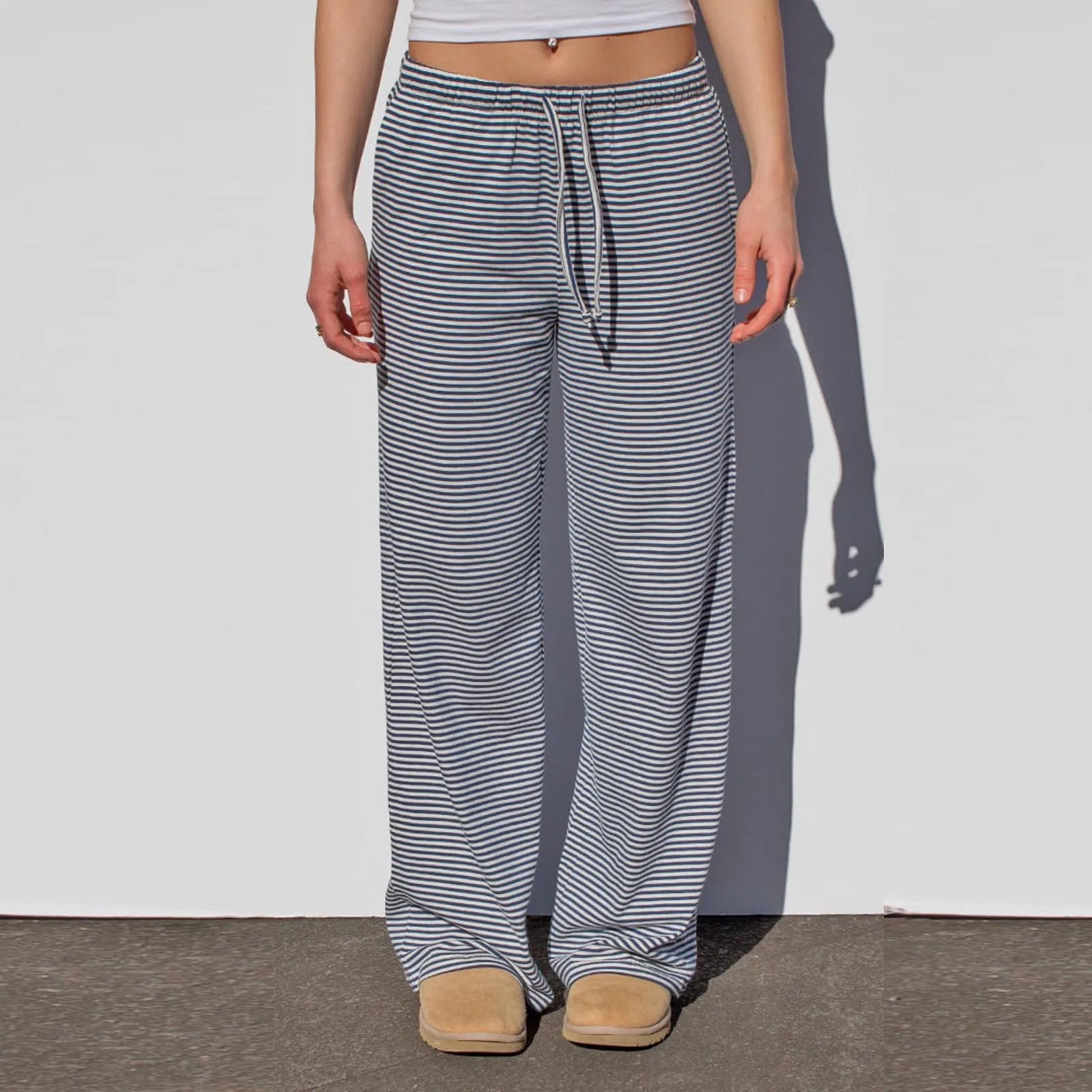 LIZAKOSHT  -  Women Y2k Striped Pants Wide Leg Drawstring Pajama Pants High Waist Drawstring Printed Pajama Casual Sweatpants Trousers