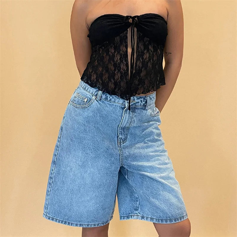 LIZAKOSHT  -  Jeans Shorts y2k Clothes Women Solid Color High Waist Loose Denim Hot Pants with Pockets 2000s Clothing Streetwear