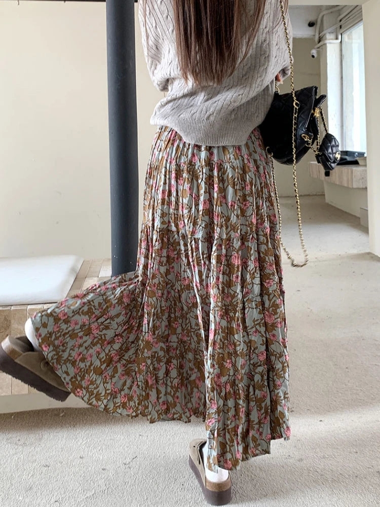 LIZAKOSHT -  Autumn Winter Wrinkled Floral Pleated Skirt Women Korean Style Casual High Waisted A-Line Midi Long Skirts Maxi falda plisada