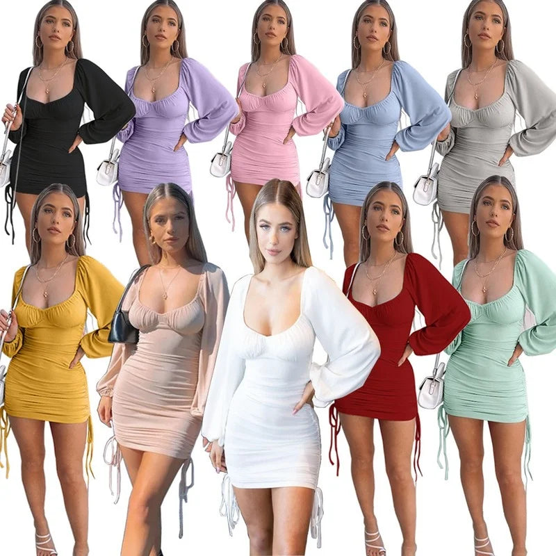 LIZAKOSHT  -  Sexy Long Sleeve Mini Dress Women Ribbed Slim Hip Party Dresses Woman Clothes Drawstring Pleated Vestidos Vintage Fashion Dress