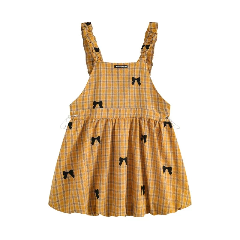 LIZAKOSHT  -  Free Shiping Pastoral Style Striped Plaid Bowknot Printed Women's Tight Waist Dresses Summer Strappy Ladies Short Dresses