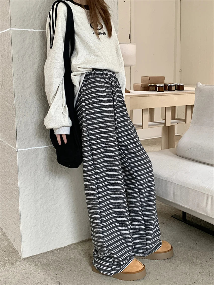 LIZAKOSHT  -  High Street Trousers Women All Match Winter Knitted Warm Straight Office Lady Chic Loose Wide Leg Stripes