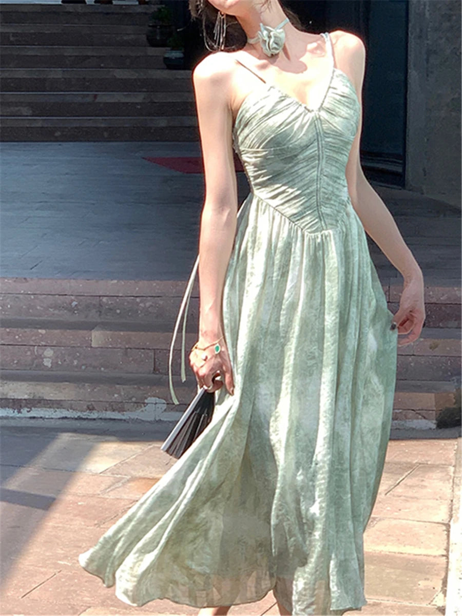 Lizakosht Midi Dress Women Elegant Summer 2023 New Fashion Evening Lady Vintage Sleeveless Sexy Beach Dresses Female Slim Green Clothes