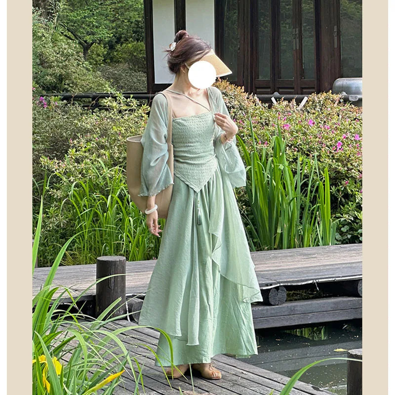 LIZAKOSHT  -  Retro Women 3PCS Dress Set Green Hanfu Suit Summer New Chinese Style Qipao DressMesh Cardigan Strap Vestidos Cheongsams Costumes