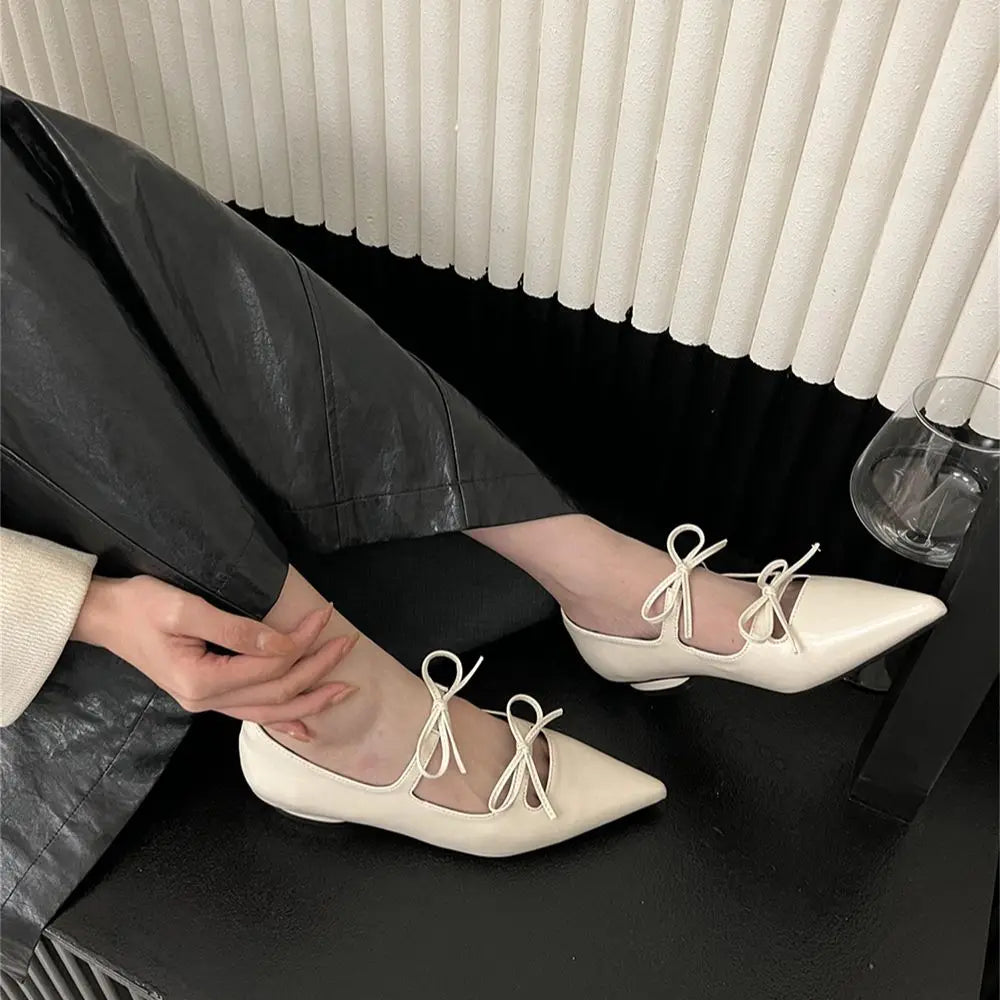 LIZAKOSHT -  Pointed Toe Women Flats Loafers Black White Silver Wine red Fashion Dress Shoes Woman Flat Heeled Bow Design Slip On Party Shoes