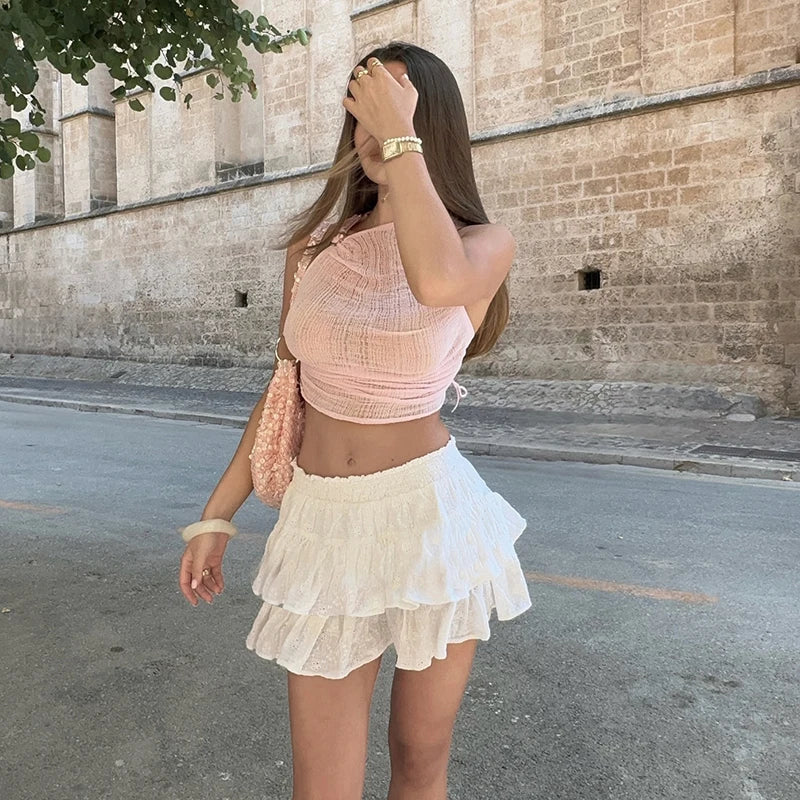 LIZAKOSHT  -  Coquette Pleated Cake Mini Skirt for Women Kawaii Short Skirt Y2K Sweet Cute Elastic Waist Bottoms Lolita Girl Clothes