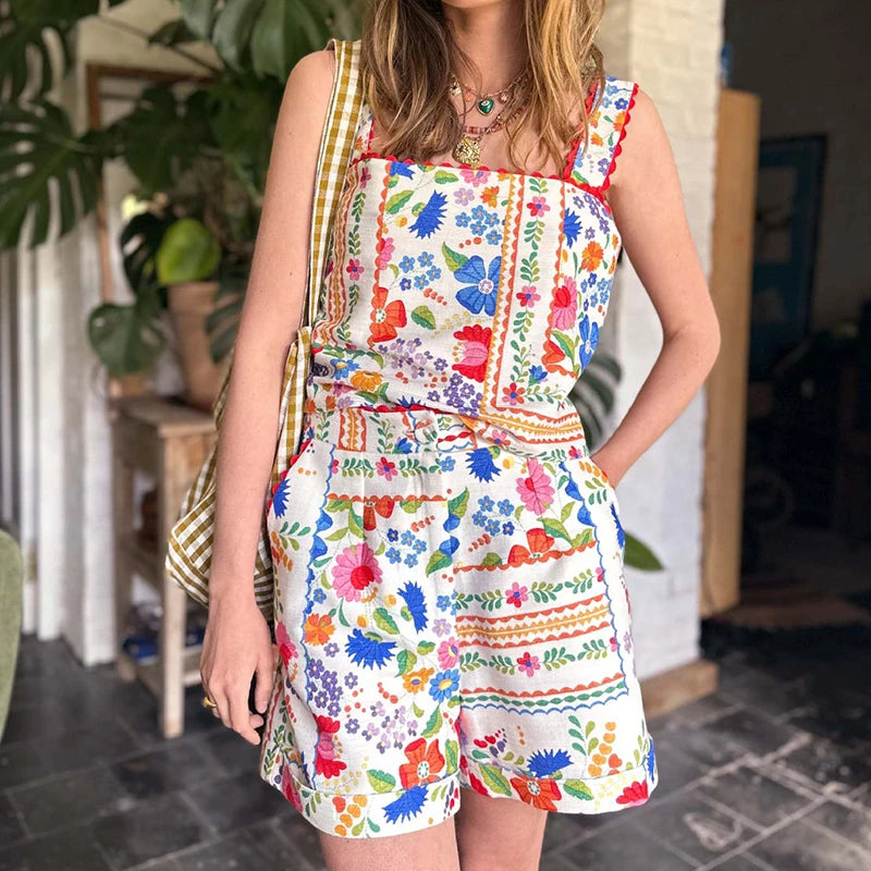 LIZAKOSHT  -  Chic Pattern Print Shorts Outfit Fashion New Suspender Square Collar Blouse&Pocket Pants Suit Casual Loose Vacation 2 Piece Set