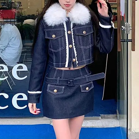 LIZAKOSHT  -  Hot Girl Short Skirt Two-Piece Suit Fur Collar Shiny Silk Dark Blue Imitation Denim Jacket Tight Hip Wrap Skirt Hot Girl