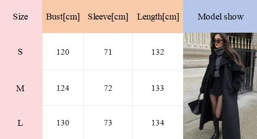 LIZAKOSHT  -  2025 Black Elegant Double Breasted Lapel Belt Woman Woolen Coat Chic Solid Color Full Sleeves Casual Long Jacket New Street Wear