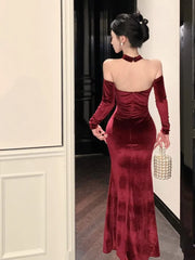 LIZAKOSHT  -  Sexy Bodycon Velvet Maxi Dresses for Women Evening Party Dress Halter Slim Mermaid Prom Robe French Vintage Autumn Vestidos New