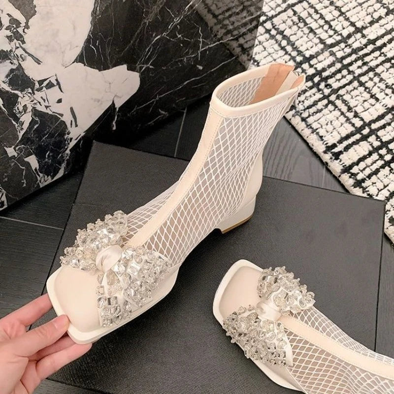 LIZAKOSHT -  Footwear Rhinestone Women's Ankle Boots Mesh Booties Elegant with Low Heels Short Shoes for Woman Sandals Comfortable Boot Sale