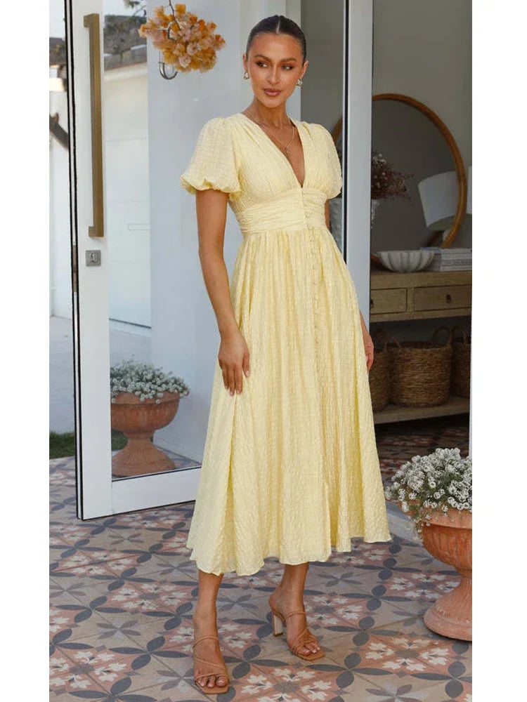 LIZAKOSHT  V-neck Yellow Puff Sleeve Split Solid Summer Women Dress 2024 A-line Maxi Long Sundress Vestido Button Beach Dress Party