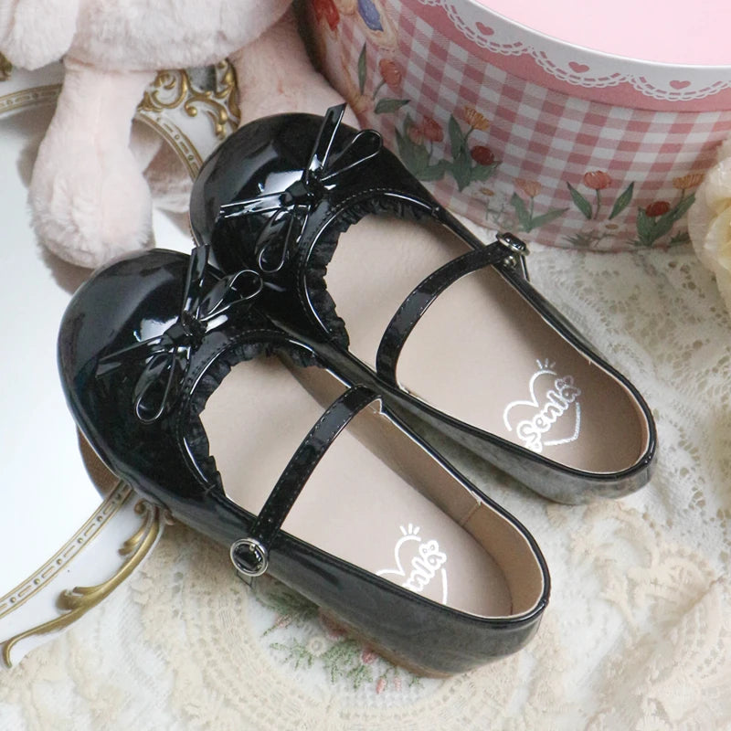 Lizakosht Cute Kawaii Loli Shoes Bow Tie Flat Female Round Toe Anime Lolita Shoes Sweet Girls Summer Pink Black Brown