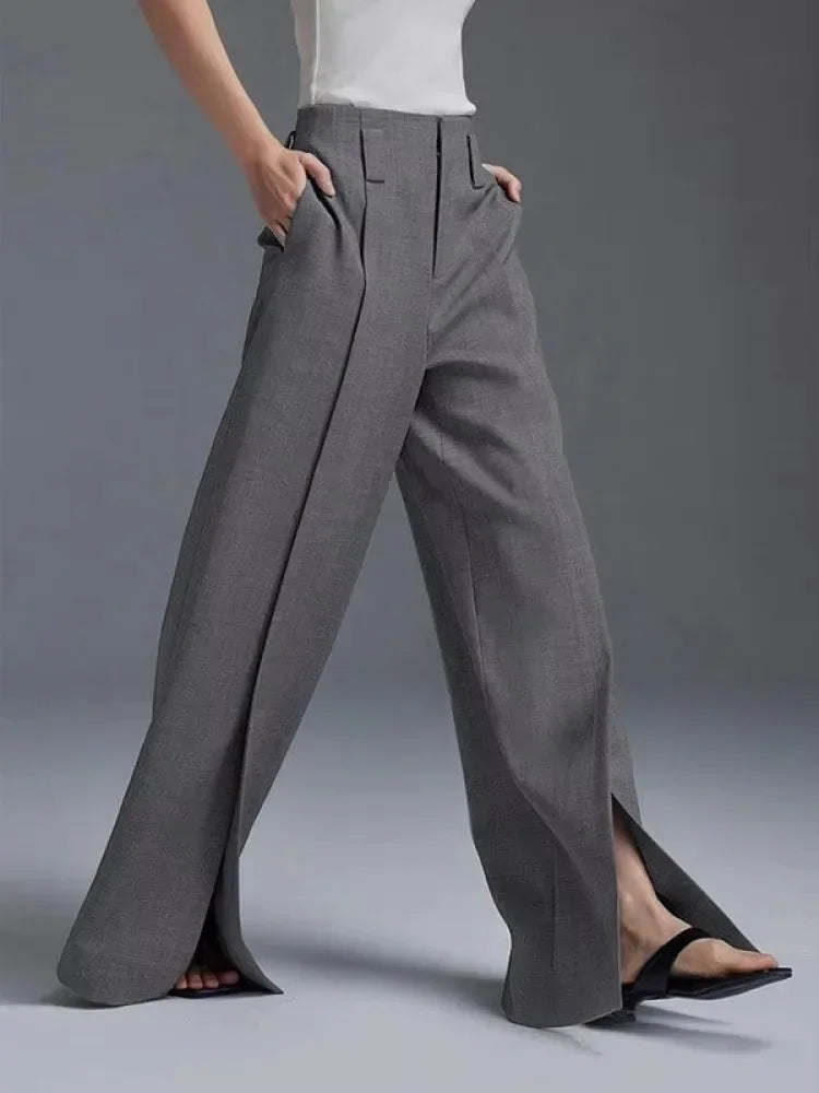 LIZAKOSHT  -  Women Formal Suit Straight-leg Pants 2024 New Fashion Solid Color Split-Front High-Waisted Pleated Casual Trousers