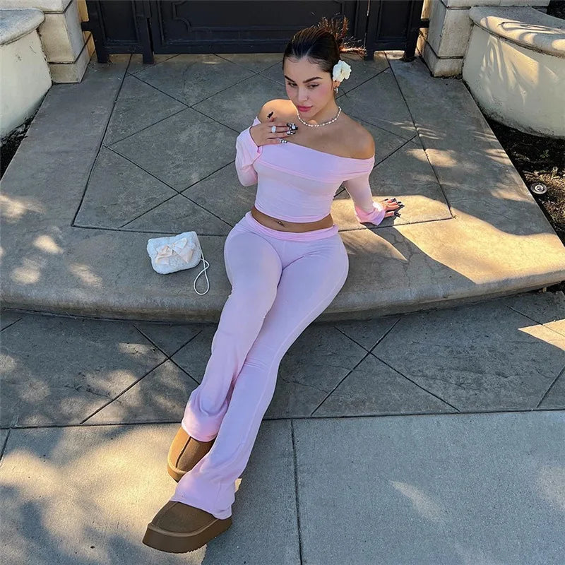 Lizakosht 2 Piece Sets Women Bodycon Pink Y2k Cute Outfits Slash Neck Long Sleeve Crop Top Flare Pants Matching Sets Casual Streetwear