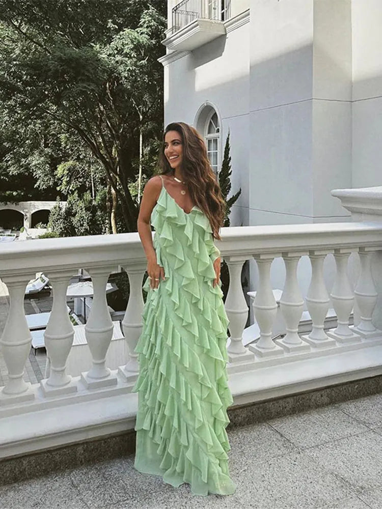 LIZAKOSHT  -  Fashion Green Women Sling Maxi Dress Elegant V-neck Sleeveless Slim Dresses 2024 Summer Female Chic Beach Vacation Robes