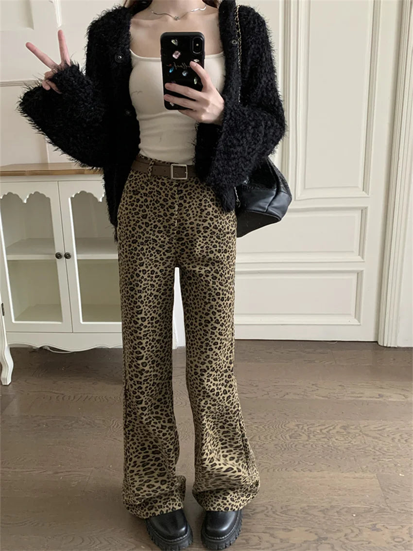 LIZAKOSHT  -  Hot Girls Women Flare Trousers Chic Spring Animal Printed 2023 New Vintage Office Lady Slim Leopard High Street