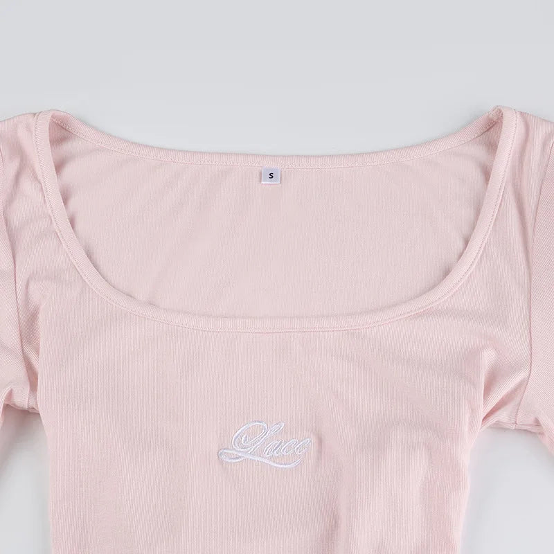 LIZAKOSHT -  Pink Tops Tee Women Letter Embroidery Ribbon Cross Tie Long Sleeve Slim Tops Cute Tshirt for Sweet Girls Kawaii Clothes