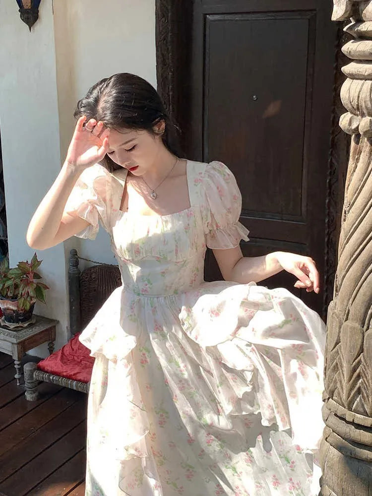 LIZAKOSHT  -  One Piece Dress Korea Fairy Floral Midi Dress Women Puff Sleeve Elegant Vintage Dress Female Party Dress Office Lady 2023 Summer