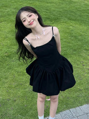 LIZAKOSHT  -  Princess Fashionable, Simple, and High End Waist Wrapped Small Black Dress French Flower Bud Sling Dress Trendy