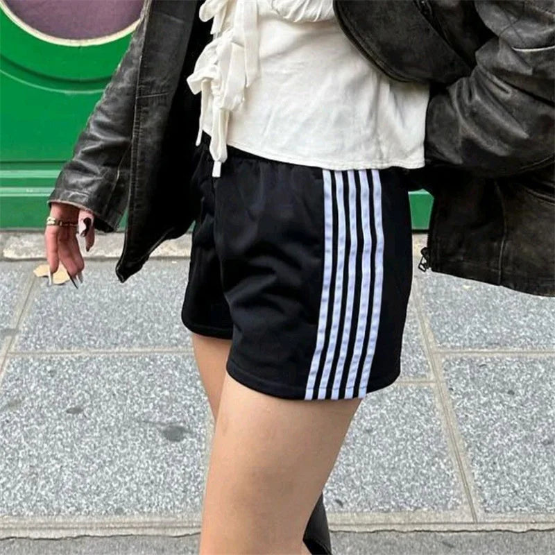 LIZAKOSHT  -  Striped Shorts y2k Clothes Women Casual Elastic Low Waist Loose Hot Pants with Pockets Summer 2000s Clothing Streetwear