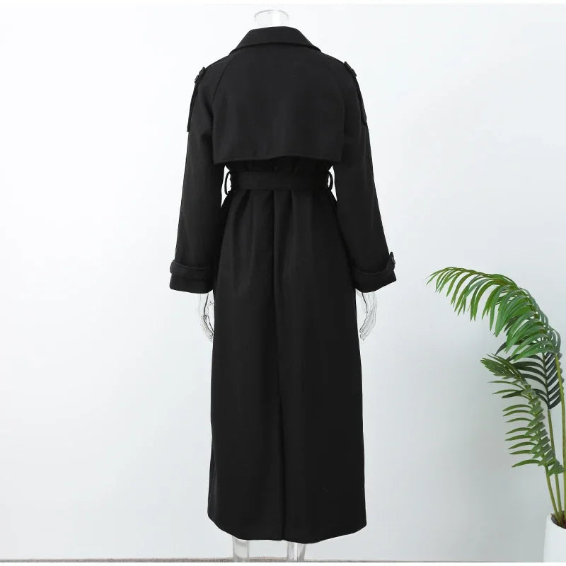 LIZAKOSHT  -  2025 Black Elegant Double Breasted Lapel Belt Woman Woolen Coat Chic Solid Color Full Sleeves Casual Long Jacket New Street Wear