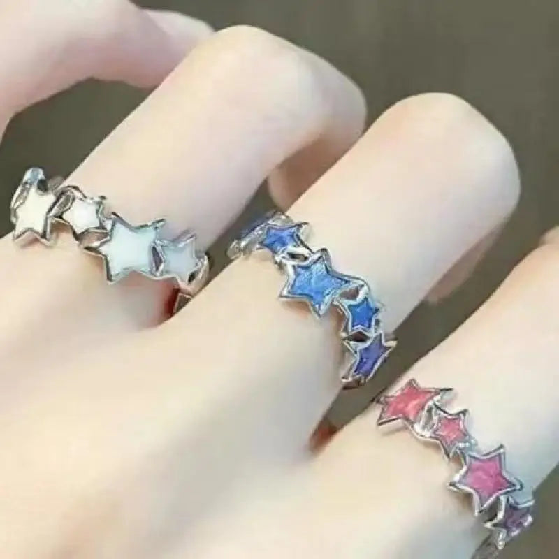 Lizakosht Korean Fashion Y2K Blue Pink Enamel Star Rings for Women Girls Cool Sweet Irregular Star Open Ring Party Gifts Jewelry