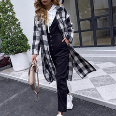 LIZAKOSHT -  Women's Slim Long-sleeved Ladies Overcoat Jacket Autumn and Winter Fashion New Lapel Black and White Plaid Windbreaker