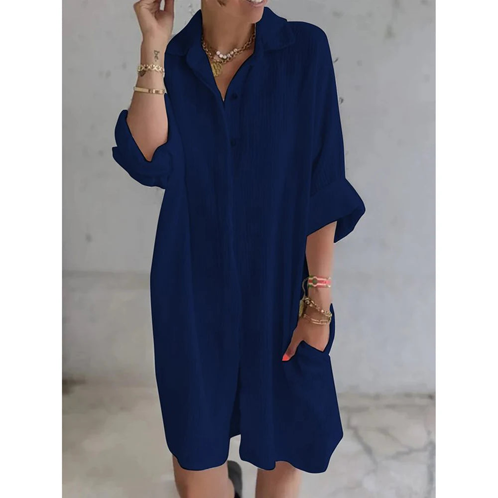 LIZAKOSHT  -  Women Cotton Linen Solid V Neck Shirt Dress Ladies Autumn Casual Baggy Pockets Sundress