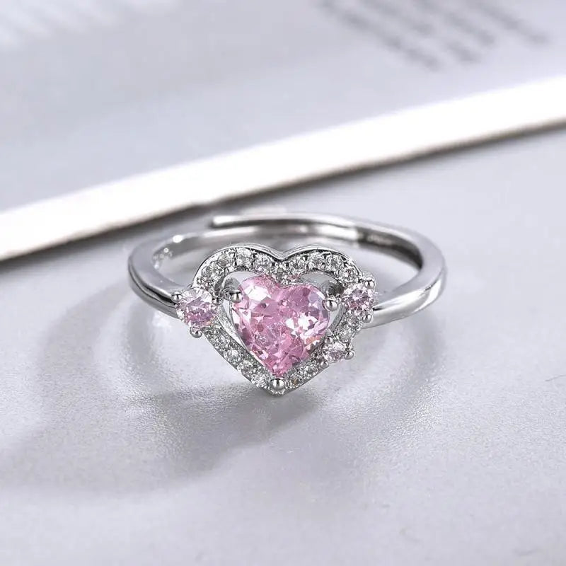 Lizakosht Y2K Pink Crystal Double Heart Ring Vintage Shiny Zircon Opal Love Open Ring for Women Girl Engaged Wedding Jewelry Gifts