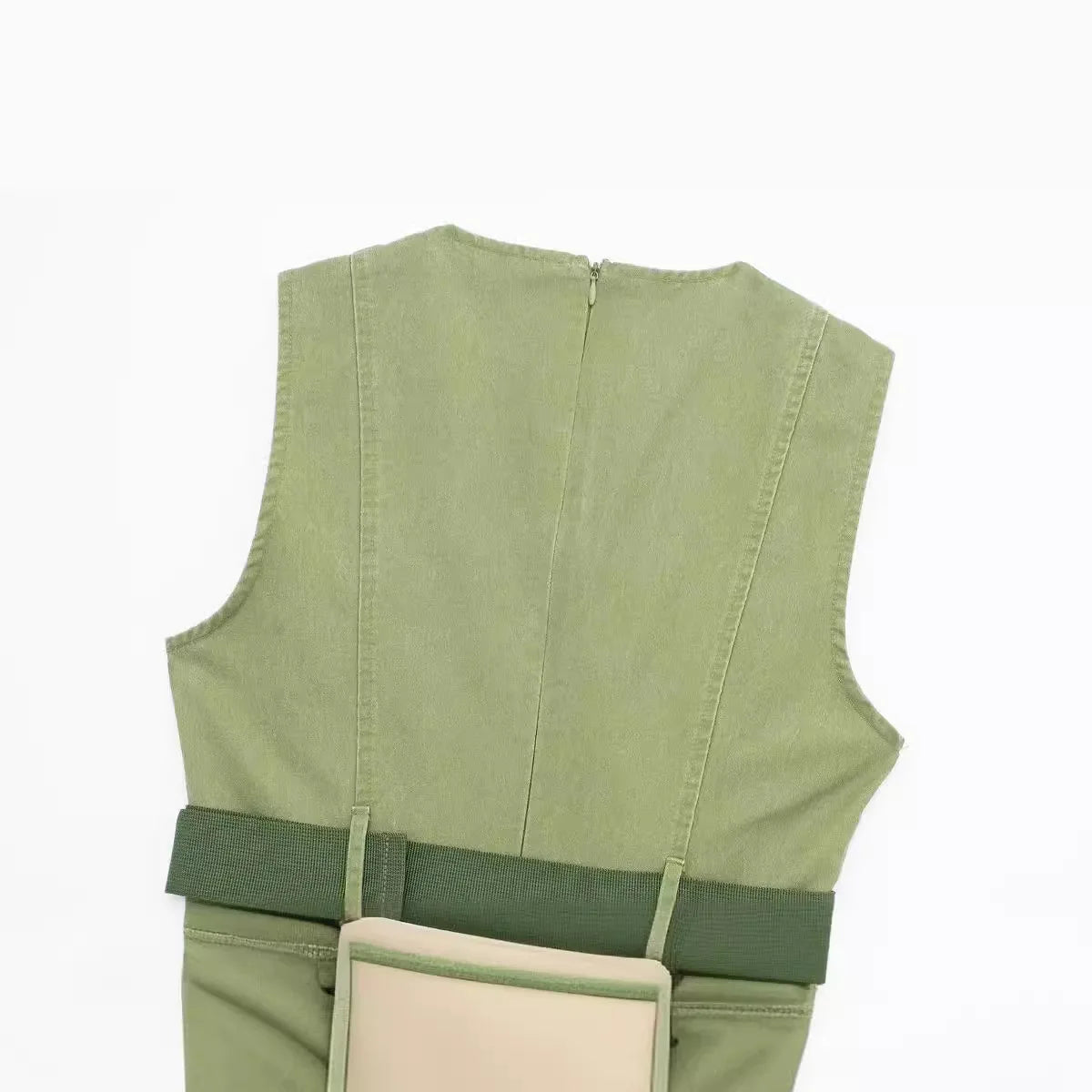 LIZAKOSHT  -  Europe and America Wind Spring New Round Neck Leisure Green Fashion with Belt Sleeveless Tooling Vest Skirt Dress
