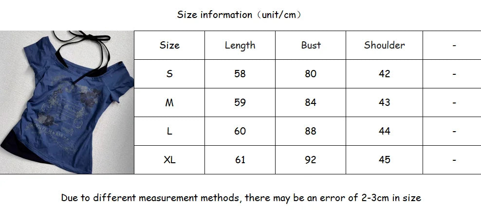 LIZAKOSHT  -  Retro Millennium Blue Fake Two Piece Halter Neck Letter Print T-Shirt Women Fashion Street Hot Girl Slim Fit Casual Y2K Top