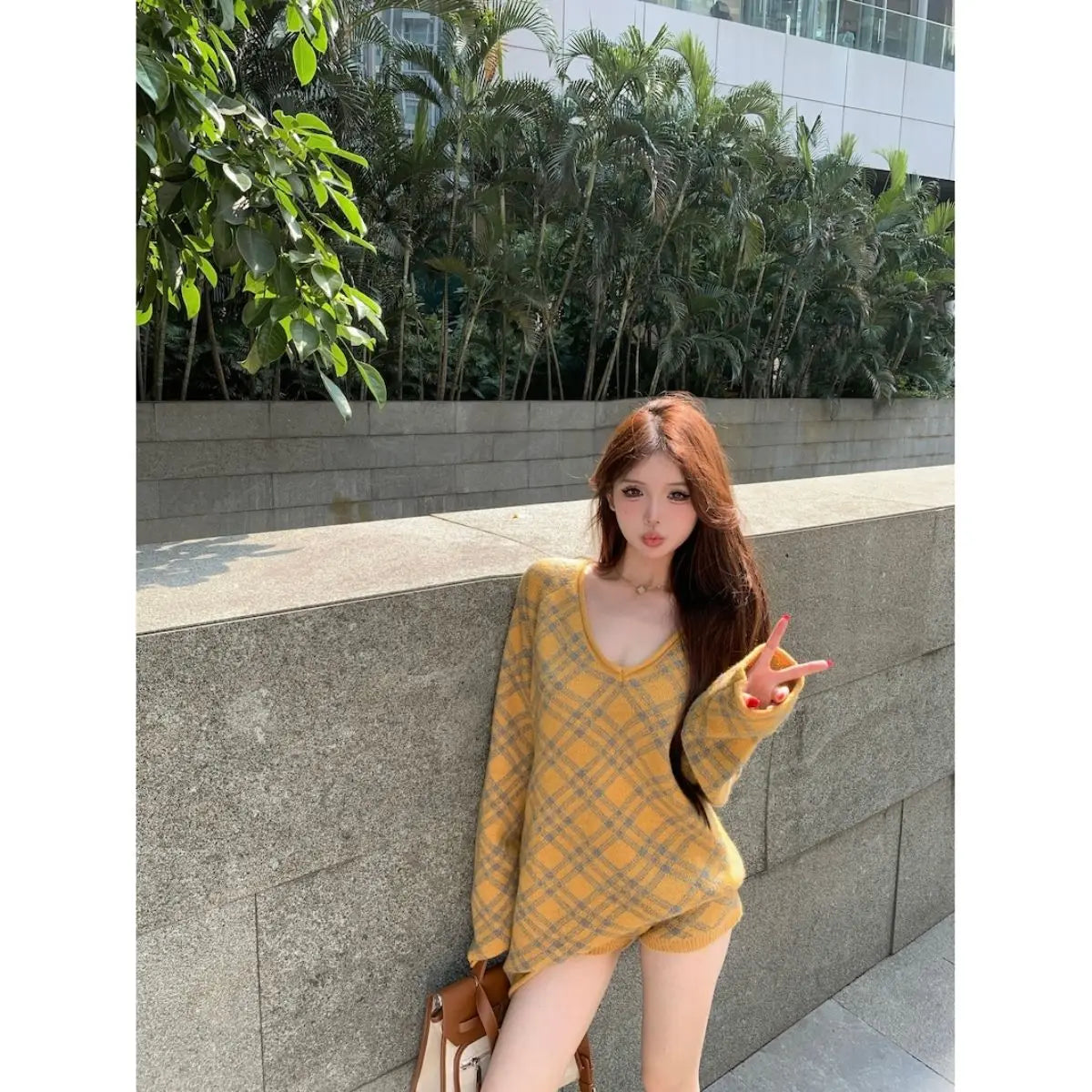 LIZAKOSHT  -  Autumn and Winter New Women's Korean Diamond Grid V-neck Off Shoulder Long Sleeved Sweater