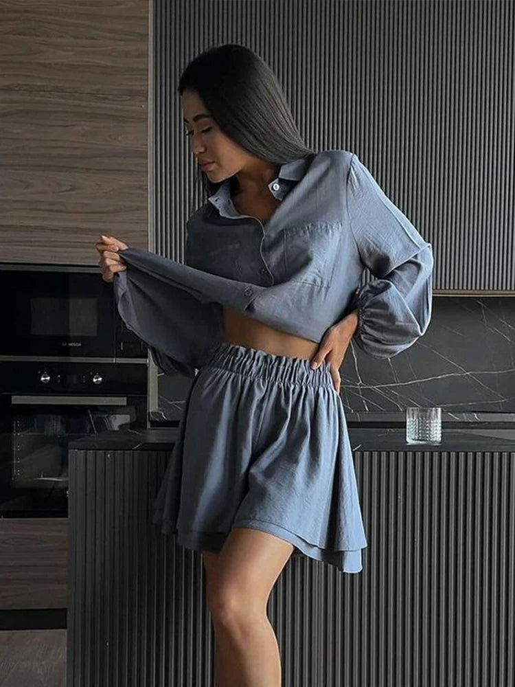 LIZAKOSHT  -  Women's Ruffle Edge Shorts Long Sleeved Set Lapel V-neck Casual Shirt Single Breasted Elastic Cuffs Top Women's Clothing