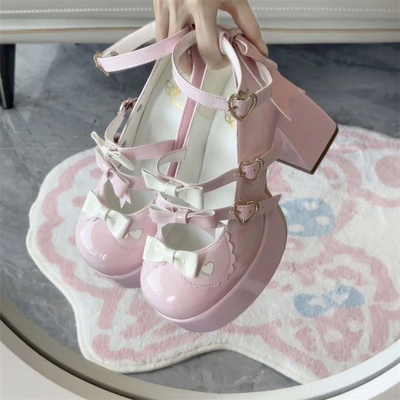 LIZAKOSHT  -  Lolita Thick Heel Original Cute And Sweet Japanese Bow Single Shoes For Women Kawaii Loli Tea Party High Heels