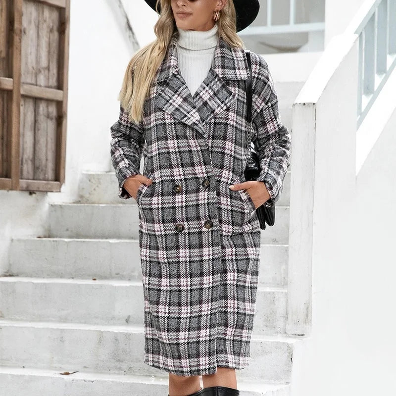 Lizakosht Suit Collar Long-sleeved Autumn and Winter Double-breasted Long Cashmere Houndstooth Woolen Coat Plaid Windbreaker Jacket Women