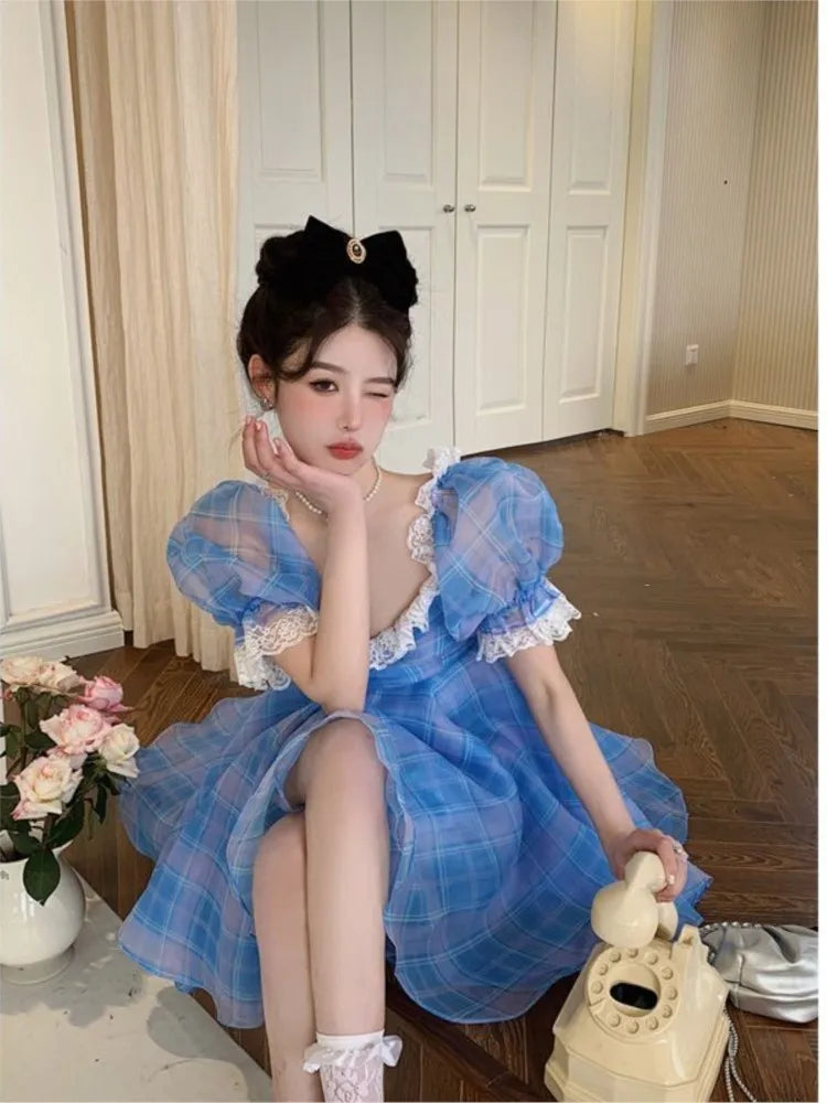 LIZAKOSHT  -  Retro French Lace Spliced Blue Plaid Puff Sleeve Mini Dress Vintage Women Ruffles Short Party Dresses Holiday Robe Vestidos