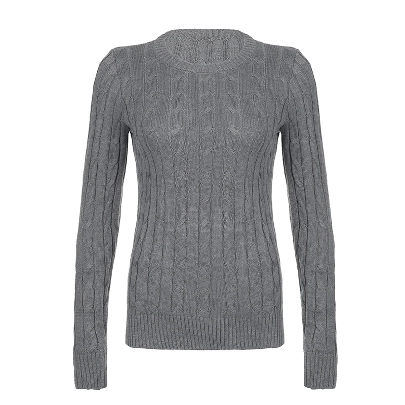 LIZAKOSHT  -  Vintage Gray Fried Dough Twists Round Neck Sweater Women's Basic Versatile Grey Long Sleeve Knitted Top