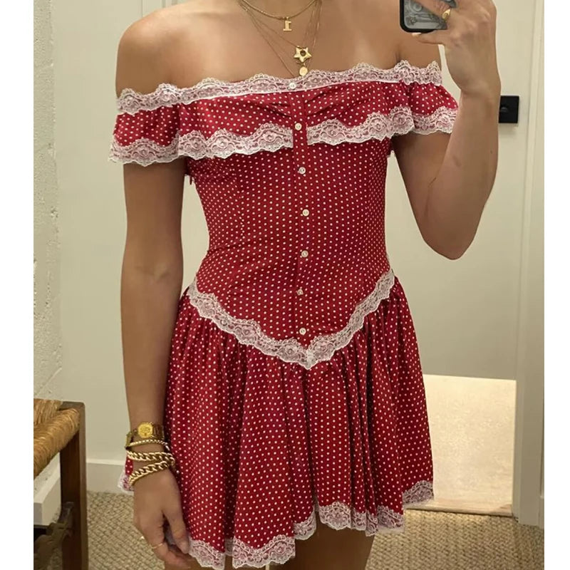 LIZAKOSHT  -  Summer Women Lace Patchwork Sexy Off Shoulder Dress Low Waist Short Sleeve Female Holiday Party Mini Dresses White Red