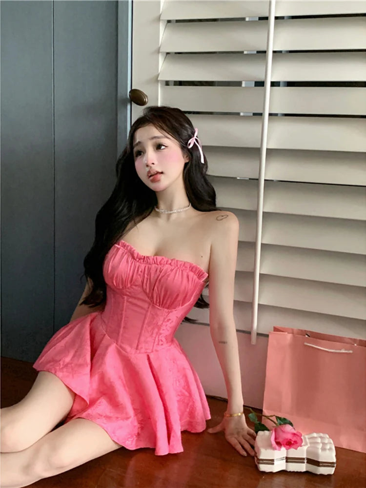 LIZAKOSHT  -  Women Sleeveless Off Shoulder Sweet Mini Dress Corset Boning Lace Jacquard Slim Fit Pink Sexy Strapless Summer Dress